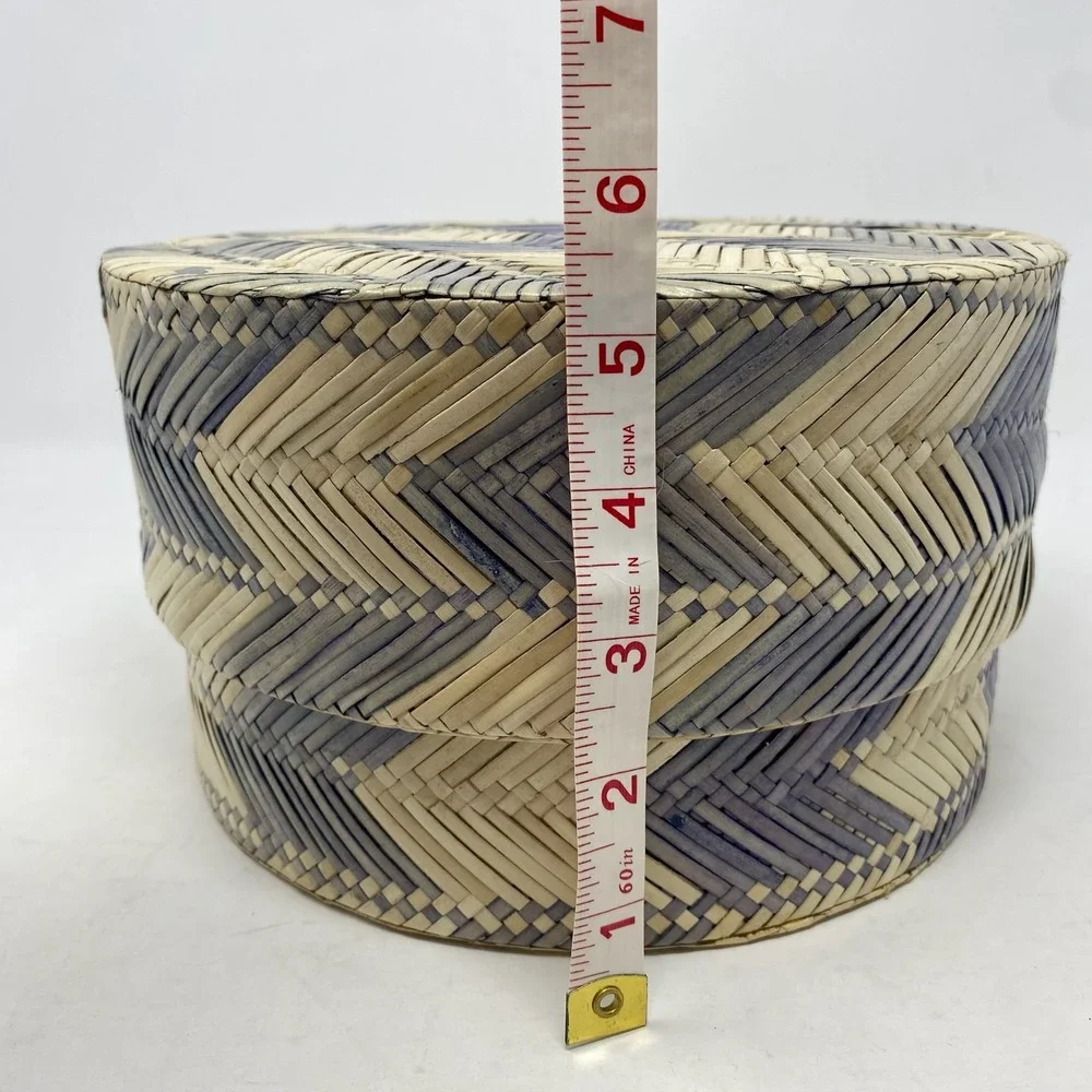 Anthropologie Woven Container Round Bamboo Lid Blue Chevron Stripe Indonesia